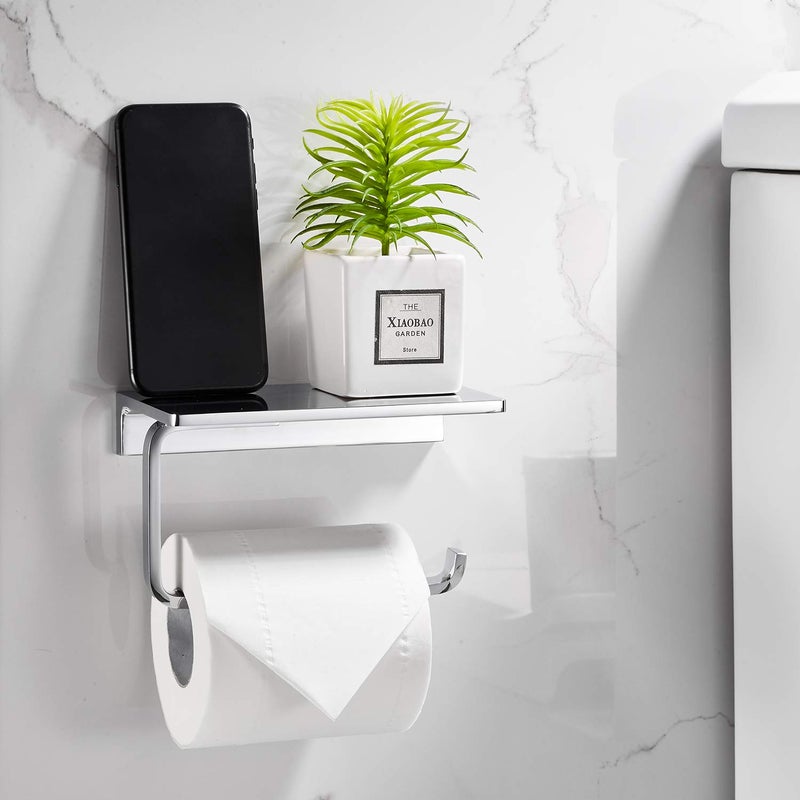 LANGPAI Toilet Paper Holder for Bathroom Solid Brass and Superior Hotel Style Tissue Roll Holder with Cell Phone Storage Polished Chrome Finish - Image 2